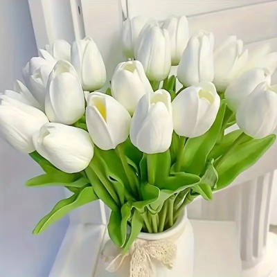 5 pc Premium Artificial Tulip Bouquet Realistic White & Green Faux
