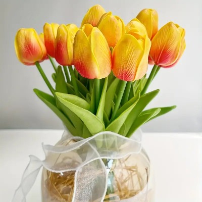 5 pc Premium Artificial Tulip Bouquet Realistic Sunset Red & Green Faux