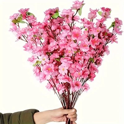 Artificial Cherry Blossom Stems - Realistic Pink Peach Blossoms with Green Leaves,